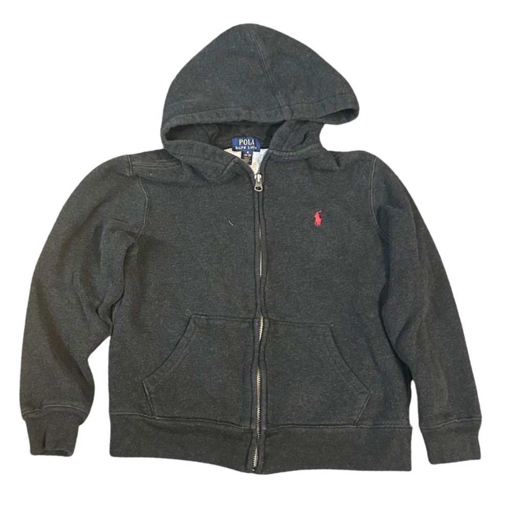 Polo Ralph Lauren Boys Gray Full Zip Hoodie Sweatshirt Red Pony Size M 10-12
